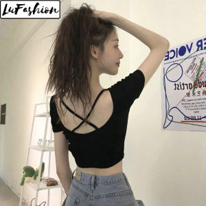 LuFashion Crop Tops for Women Summer Slim Short Sleeve Back Hollow Casual T-Shirts