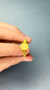 18k Gold Plated Ring Adjustable with watch face design. Thin band with textured pattern. Minimalist timepiece. Modern accessory. Elegant jewelry piece