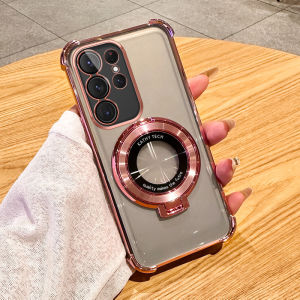 Transparent Electroplated S24 Ultra Phone Case with Airbag Anti-fall Creative Personalized Fashionable Stand Full Lens Protection