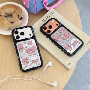 Sanrio | Cute Black Skin Mirror Phone Case For Cartoon Hello Kitty For iPhone 17 16 15 14 13 17 Pro Max Anti-Fall Shockproof Back Cover