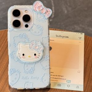 Korea Candy 3D Bowknot Hello Kitty Phone Case For iphone 16 15 14 Pro Max 13 Silicone Shockproof Holder Stand Back Cover
