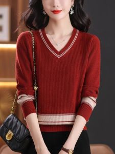 เสื้อสเวตเตอร์ถักคอวีแขนยาวหลวมๆ สไตล์ฤดูใบไม้ร่วง/ฤดูหนาวสำหรับผู้หญิง เสื้อชั้นในสีบล็อกสีตัดกัน เสื้อชั้นในแบบสวมหัว