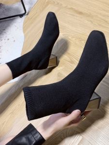 Giày Bốt Ngắn Dệt Kim Đế Dày Đơn Giản Cho Nữ Giày Bốt Cao Gót Thời Trang Mùa Thu Giày Bốt Co Giãn Đầu Vuông