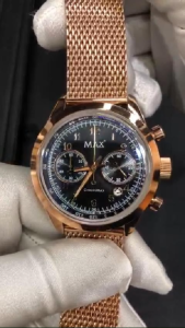 MAX ChronoMax Chronograph with Tachymeter Watches Rose Gold Steel Case Black Dial Mens Mesh Band Watch 44mm 5-MAX666