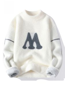 ROMON | เสื้อสเวตเตอร์ถักคอตตอนบุขนแกะหนาสำหรับผู้ชาย ฤดูใบไม้ร่วง/ฤดูหนาว ทรงหลวม แขนยาว ปกติ ทรงหลวม เสื้อสเวตเตอร์ถัก