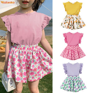 Rolanko Kids Girls 2Pcs Summer Outfits Ruffle Sleeve Tops and Floral Print Short Pants Toddler Girl Clothes Sets 1-5Years