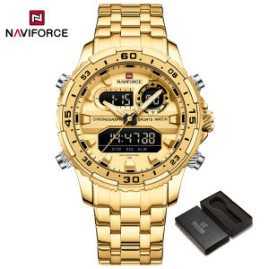 NAVIFORCE Men Watch Gold Stainless Steel Digital Display Watches Waterproof Original Design Date Wristwatch with LCD Lumious Hands Fashion Sport