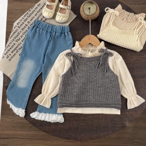 KID FASHION Setelan Lengan Panjang Sweater Korea 3in1 Anak Perempuan Celana Panjang Katun Nyaman+Jeans Usia 1-5 Tahun