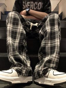 Ôm Vừa Vặn Kẻ Caro Quần Nam Phong Cách Mùa Hè Mỏng Thẳng Rộng Rãi Thời Trang Sành Điệu Drap Ống Rộng Drap Ống Rộng Thoải Mái Dài Quần Tây Retro Mỹ Màu Đen Trắng