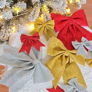 Christmas Bowknot Decoration Gold Glitter Ribbon Bow Ties for Xmas Tree Hanging Ornament Home Decor