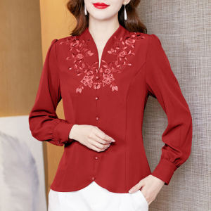 เสื้อเชิ้ตแขนยาวสีแดงสำหรับผู้หญิง ทรงสลิมฟิต ปักลาย แฟชั่นฤดูใบไม้ร่วง ฤดูใบไม้ผลิ ฤดูใบไม้ร่วง ฤดูหนาว สำหรับผู้หญิงวัยกลางคน