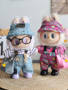 Labubu Street Style Denim Overalls Set with Hat Graffiti Fashion First Second Third Generation Kids Clothing Doll Outfit