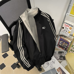 American Sporty Three-Stripes Stand Collar Jacket Mens Loose Fit High Street Double-Sided Wear Autumn Spring Trendy Coat