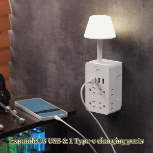 CHIEFWAY 13-IN-1 Surge Protection Socket Extender with Adjustable 3-Color Night Lamp8 AC Outlets & 3 USB / 1 Type C PortsWall Charger Plug
