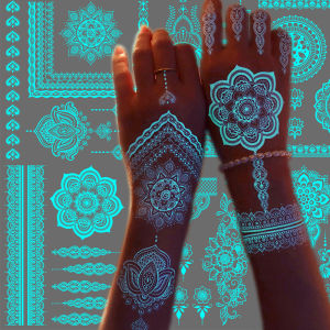 สติกเกอร์รอยสักเรืองแสงสีฟ้า 6 แผ่น สำหรับเด็กผู้หญิง ลายดอกบัวสีขาวแบบชนเผ่า ลายดอกไม้แมนดาลา เครื่องประดับปลอมลายจี้