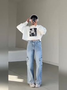 American Work Pants Mid High Waist Straight Leg Jeans 2025 New High-Quality Trendy Womens Pants With Multiple Pockets and Wide Legs