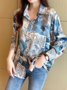 Kualitas Tinggi Cetak Koran Seni Hijau Biru Kemeja Wanita Lengan Panjang Fashion Korea Atasan Kerja Santai
