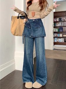 Quần Jeans Denim Nữ Kiểu Dáng Rộng Rãi Có Túi Quần Dài Ôm Dáng Thu Đông Mới Phong Cách Retro Splicing False Two-Piece