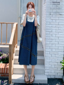 YINLUOYA | Summer Fashionable Denim Halter Dress Set Womens Loose Two-Piece Set Midi Length With Wood Grain Edge Short Sleeve Round Neck