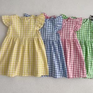 Girls Toddler Princess Dresses Girls Fashion Blue Plaid Dress Kids Flying Sleeves Party Clothes Cotton Summer New Little Dress