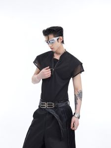 Metallic Mesh Design Mens Tank Top Punk Style T-Shirt Summer Base Layer Shirt V-Neck Sleeveless Trendy Youth Casual Wear
