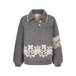 Spring Autumn Gray Lace Embroidery Loose Cardigan Sweater