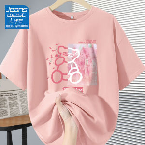 Jeanswest Life Womens Pink Cotton Short Sleeve T-shirt Loose Fit Summer New Style Student Half Sleeve Shoulder Printed Top