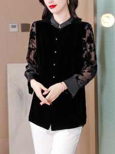 เสื้อเชิ้ตแขนยาวผ้ากำมะหยี่สีทองสไตล์ย้อนยุคสำหรับผู้หญิง ฤดูใบไม้ร่วง 2024 แฟชั่นสุดเก๋ ทรงหลวม ปกติ ปกติ