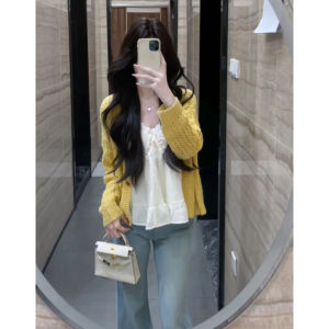 YUEZHONGWEI | Energetic Yellow Cutout Knitted Cardigan Autumn New Style Loose Fit