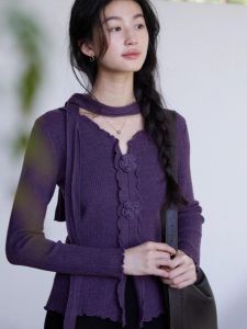 Early Autumn Purple Sash Long Sleeve Knitted Base Shirt Womens Slim Fit Inner Wear Unique Stylish Top Commute Style Korean Version