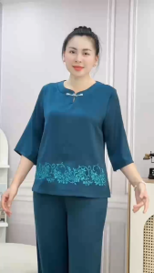 Bộ Đồ Nữ Trung Niên Sang Trọng Lụa Ruby Thêu Hoa Cao Cấp Quần Dài Tay Lỡ Quà Tặng Cho Bà Cho Mẹ