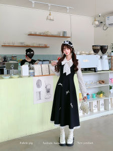 Elegant False Two-piece Polka Dot Black and White Contrast Long Dress