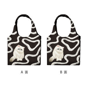 Large Capacity Canvas Tote Bag Commuter Work Original Wave White Cat Shoulder Bag Casual Style Double Handle Soft Fabric