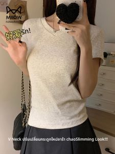 MiiOW | เสื้อยืดคอกลมแขนสั้นทรงเข้ารูปผ้าฝ้ายแท้ MiiOW Cat Lady เสื้อผ้าทำงานฤดูร้อนสำหรับผู้หญิง เสื้อเชิ้ตทรงเข้ารูป