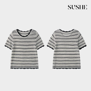 SUSHE | French Retro Hollow Contrast Stripes Elastic Short Sleeve Knitted Blouse