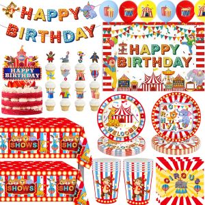 Circus Clown Birthday Party Decoration Tableware Tablecloth Cup Plate Napkin Cake Topper Circus Carnival Party Favors Supplies