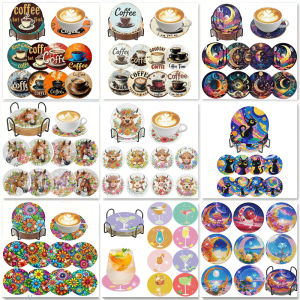 8 pieces/set of coffee patterned diamond painted coaster set sparkling rhinestone heat-resistant beverage mat with holder DIY c