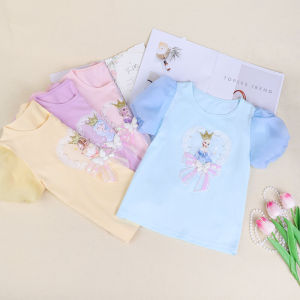 Summer Girl Short Sleeve Tops Baby Girl round Neck Girl Half-Sleeve Pure Cotton T-Shirt Western Style Puff Sleeves Fashion Childrens Clothing