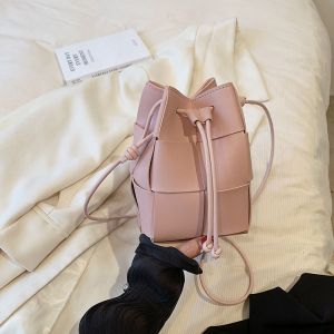 MBSQHNA Mini Bucket Bag Womens Crossbody Bag with Drawstring Woven Splicing Soft PU Leather Magnetic Buckle Casual Style