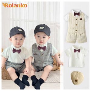 Rolanko Baby Boys Set Kids Wave Point Stripe White Shirt Bow with Hat Wedding Birthday Costume Casual Daily Wear