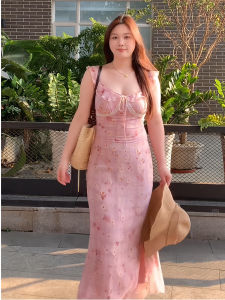 plus Size Elegant French Style Floral Print Slimming Dress Square Collar Womens Summer Long Skirts Casual Fashionable