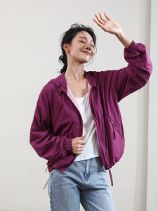 Miccbeirn | Fashionable Textured Short Hooded Outdoor Casual Womens Jacket British Style Purple New Arrival Autumn Season Compact Size