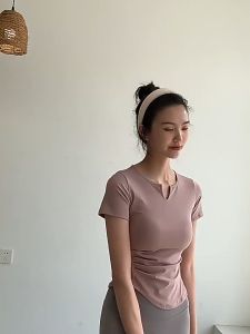 Wanita Olahraga Baju Pendek Lengan Nylon Kaos Gym T-Shirt Yoga Fitness Sportwear