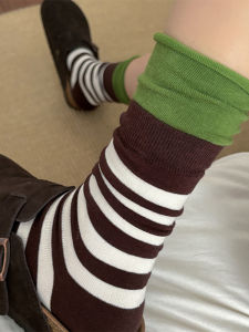 JIFANPAUL | Color Block Rolled Edge Retro Stylish Matching Cotton Socks Mid-length