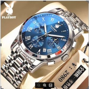 PLAYBOY  Watch Men lelaki waterproof original watch for mens 2025 Baru Fesyen Mewah Kasual Pelbagai fungsi kuarza bercahaya bercahaya jam fasa matahari dan bulan hadiah teman lelaki