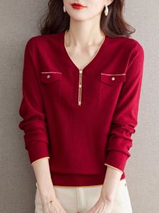 เสื้อยืดคอกลมแขนยาวถักสำหรับผู้หญิง ฤดูใบไม้ผลิและฤดูใบไม้ร่วง เสื้อชั้นในสุดเก๋ไก๋ เสื้อคลุมกันหนาวแบบสวมหัว ทรงหลวม สไตล์เกาหลี