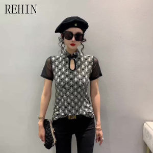 REHIN Womens top Summer new retro buckle stand collar spliced mesh short sleeve T-shirt plaid Houndstooth trend blouse