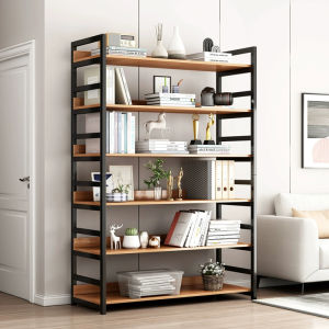 XUXU Wooden Bookshelf 6 Tier Rak Besi Modern House Metal Frame Rak Buku Living Room Storage Shelf Student Minimalist Display Stand Floor Standing 书架