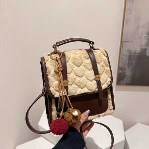 Luxurious Plush Womens Backpack Fashionable Versatile Crossbody Travel Commute Bag Original Design Square Shape Leather Strap
