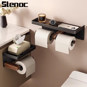 Walnut Toilet Paper Box Toilet Paper Holder Wall-Mounted Face Towel Storage Roll Paper Holder Paper Towel Holder Phone Holder